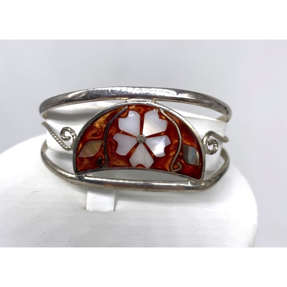 Vintage Alpaca Mexico Silver Tone Cuff Bracelet Mother Of Pearl Inlay Floral Des